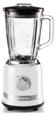 A white Ariete tabletop blender with a glass pitcher and a black lid is shown against a white background.