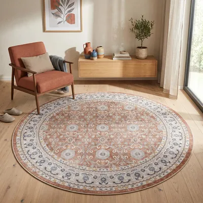 Produktbild von Carpetsale24 Waschbarer Teppich Vintage Rundteppich Wohnzimmer Esszimmer Orientalisches Design Pflegeleicht Grösse: 200 cm Rund