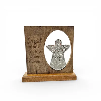 Produktbild von Dekoschild Engel mit Spuch Mangoholz Metall Aufsteller Schild Wohnaccessoire Holz