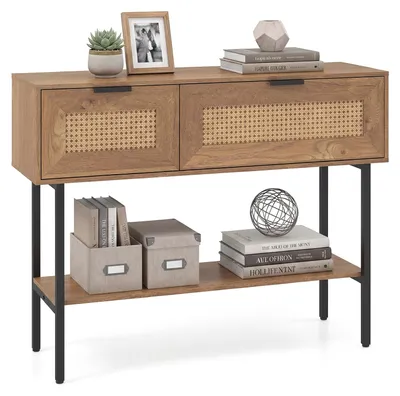 Zdjęcie produktu dla Stolik konsolowy COSTWAY w stylu boho, stolik do przedpokoju z polyrattanem, z 2 przegrodami i otwartą półką, wąski stolik do przedpokoju, 100 x 29,5 x 76 cm, kolor naturalny