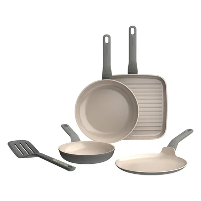 Produktbild von BergHOFF Leo Pfannenset, 4-teilig, Aluminium, Keramik-Antihaftbeschichtung, Induktion, Cool-Touch-Griffe, Grau, 20-26 cm