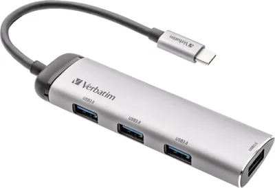 A silver USB-C multiport hub with multiple USB 3.0 ports and a USB-C connector is shown against a white background.