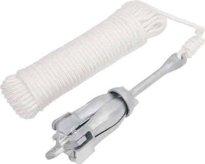 Produktbild von Klappanker, 2,5 kg Bootsanker mit 30 m Seil und 4 Flunken, Temperguss, Silbern, für Schlauchboote, Kajaks, Kanus