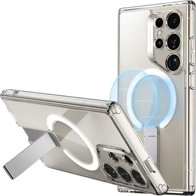 A transparent phone case with a kickstand and magnetic ring is shown from two angles against a white background.