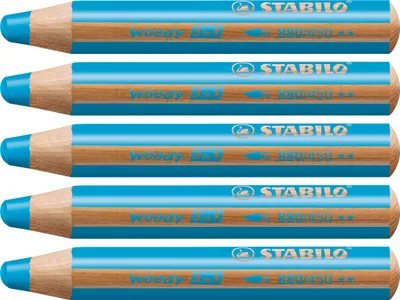 Produktbild von Buntstift, Wasserfarbe & Wachsmalkreide - STABILO woody 3 in 1 - 5er Pack - cyanblau