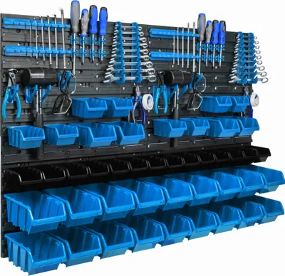 Immagine prodotto di Pannello porta attrezzi da appendere 115x78cm con 44 pezzi. Scatole blu montate a parete con set di supporti in plastica