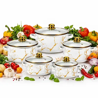 Produktbild von KlönBerg | Set mit 5 Töpfen mit Deckel 16 / 18 / 20 / 22 / 24 cm emaillierte Töpfe | weißes Kochgeschirrset |Emaillierter Kochtopf |Induktion KB9107