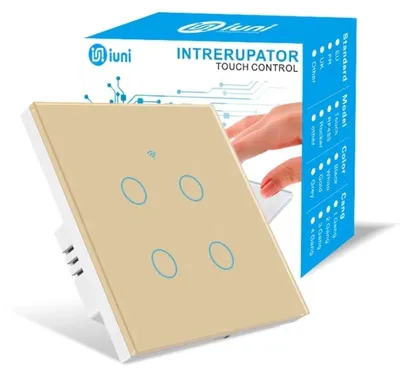 Zdjęcie produktu dla Inteligentny przełącznik dotykowy, WiFi, WiFi, Bezpieczne szkło, iUni 4G, 10A, Sterowanie głosowe, Smart Life / Tuya, LED, złoty