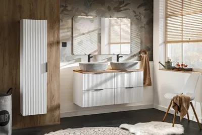 Zdjęcie produktu dla Meble Łazienkowe 120 Cm Biały Mat Z Blatem Dąb I Umywalkami Nablatowymi