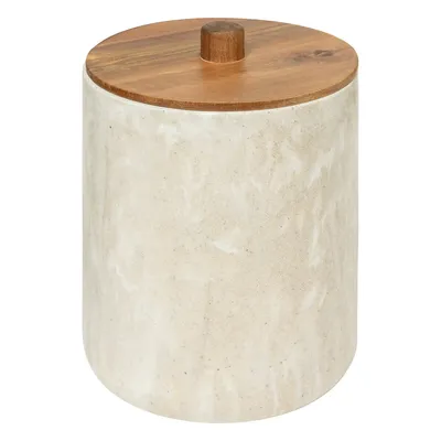 A cylindrical container with a wooden lid and knob, set against a white background.