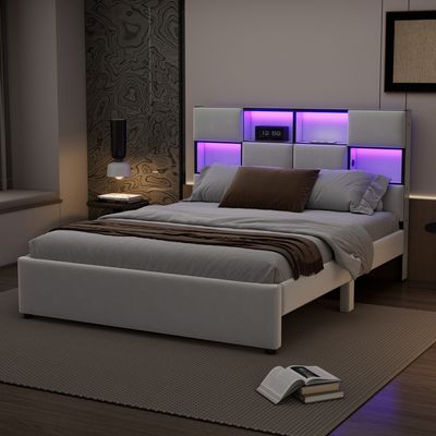 Čalouněná postel Flieks 140x200 cm s USB, manželská postel s roštem, úložná postel pro mládež s LED, dřevěná postel s úložným čelem, povlečení, béžová barva