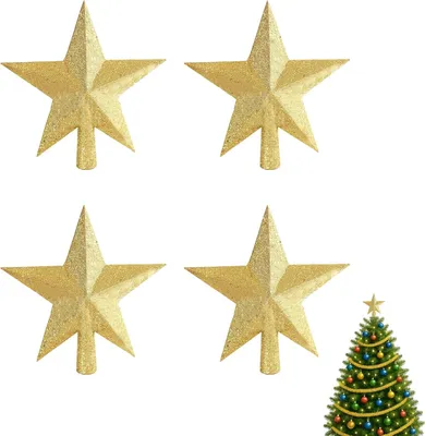 Imagen del producto de Adornos para la punta del árbol de Navidad, forma de estrella, color dorado con brillo, 10 cm, paquete de 4 unidades, decoración navideña