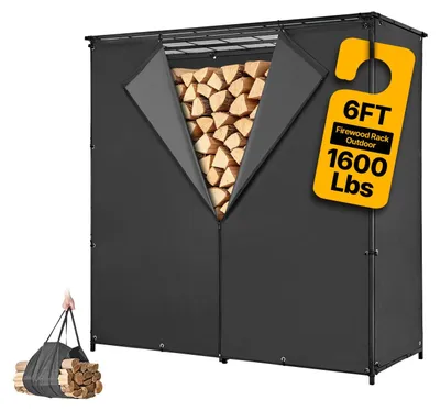 Obrázok produktu pre VEVOR Regál na drevo na oheň, 3/8 palety, s krytom, 1855x715x1850 mm, pre krb, terasu a balkón, rám z uhlíkovej ocele s práškovým náterom, nosnosť 730 kg, objem 1962 L, čierna farba