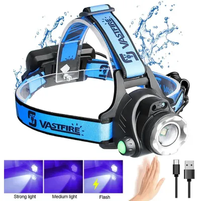 Image de Lampe frontale LED - Rechargeable par USB-C - Lumière UV 395 nm - Étanche - Batterie incluse - Idéale pour le camping, la pêche et la randonnée