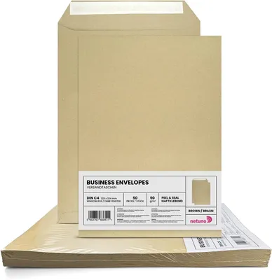 Obrázok produktu pre C4 Obálky Hnedé 229x324 mm, 50 Kusov, Uzáver, 100 g/m², pre Dokumenty