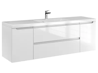 Produktbild von Furni Badunterschrank 140 cm Weiß Hochglanz lackiert – Vormontierter Waschbeckenunterschrank mit Griffmulde, Hängend, 2 Schubladen