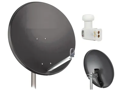 A satellite dish and LNB are displayed against a white background.