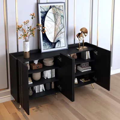 Immagine prodotto di Cassettiera AIORBER, con ripiani regolabili, decorazione in metallo dorato, cerniere con chiusura ammortizzata, per cucina, soggiorno, 160x38x80cm, nero