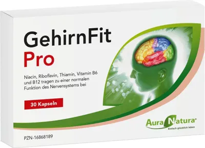 Produktbild von Aura Natura® GehirnFit Pro – zur Unterstützung von Nerven, mentaler Leistung – mit Vitamin B Komplex | Enthält Astaxanthin, Bacopa Monnieri & Pflanzenextrakte | 30 Kapseln – 1 Monat Vorrat