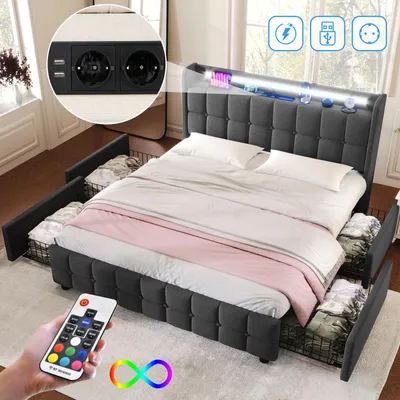 Obrázok produktu pre posteľ 160x200 cm s úložným priestorom, LED osvetlením a USB pripojením, čalúnená posteľ so 4 zásuvkami, manželská posteľ, sivá