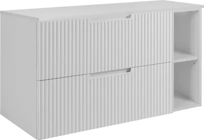 A white vanity cabinet with two drawers and an open shelf on the right side.