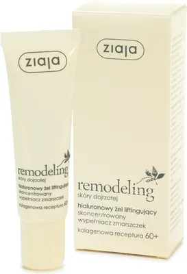 A product shot of a tube of Ziaja Remodeling Hyaluronic Lifting Gel and its packaging.