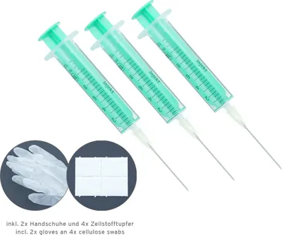 Zdjęcie produktu dla 3 strzykawki do napełniania 10 ml z igłami 40 mm, 2 rękawiczki PE i 4 waciki celulozowe