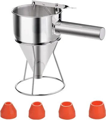 A stainless steel batter dispenser with a stand and four orange nozzle attachments.