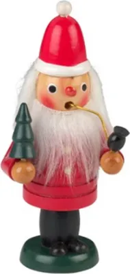 Räuchermännchen Weihnachtsmann aus Holz der eine Pfeife raucht und einen kleinen Weihnachtsbaum hält