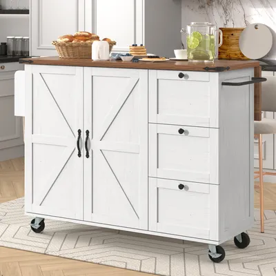 Image de Parrot Uncle Îlot de cuisine avec veines de bois, chariot de service avec plan de travail extensible, 2 portes & 3 tiroirs, chariot de cuisine