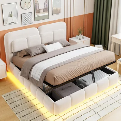 Produktbild von okwish Polsterbett 140×200 mit Matratze und hydraulischem Stauraum, Jugendbett mit LED und gepolstertem Kopfteil,Einzelbett in Beige