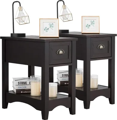 Produktbild von COSTWAY 2er Set Beistelltisch mit Schublade und Ablage, 2-stöckiger Sofatisch, schmaler Nachttisch, Kaffeetisch für Wohnzimmer, Schlafzimmer, 56 x 33