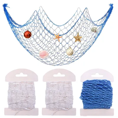 Imagen del producto de Conjunto de 3 redes de pesca decorativas – decoración de pared con motivos marinos y oceánicos, en azul y beige