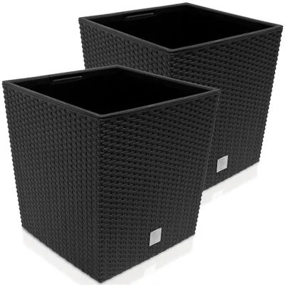 Produktbild von DEUBA 2X Blumentopf 65L 40x40x41cm Rato Low Innentopf Mit Griffen Wetterfest Rattanoptik Pflanzkasten Übertopf Pflanzkübel Blumenkasten Quadratisch Anthrazit