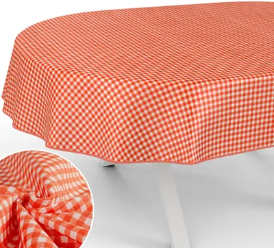 Produktbild von Tischdecke Karo aus Textil mit klassischem Motiv Tischtuch Tischwäsche schmutzabweisend Klassik Rot-Orange Oval Breite 140cm Länge 280cm mit Paspelband