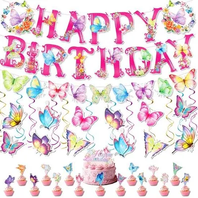 Image de Décoration d'anniversaire sur le thème des papillons - Pièce unique - Rose