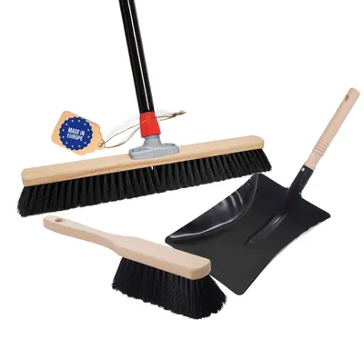 Produktbild von Novaliv Grosser Besen Saalbesen 60 cm mit Stiel Borsten Kunstborsten inkl. Kehrgarnitur schwarz bestehend aus Kehrblech und Handfeger besen fein Werkstattbesen Hallenbesen mit Stiel Industriebesen