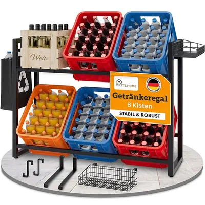 Produktbild von TTL HOME Getränkekistenregal ERIK – Metall schwarz für 6 Kisten mit Zubehör & Ablagen