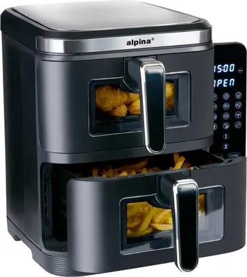 Immagine prodotto di Friggitrice ad aria Alpina a 2 vani  - Airfryer 11 L - 2 cestelli da 5,5 L - Funzione Match & Sync - Display digitale - 12 programmi - 2800 W - Nero