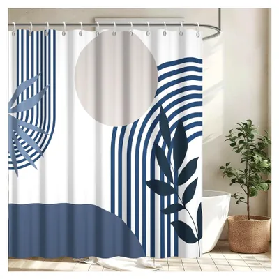Produktbild von Duschvorhang 180x180cm, Anti-Schimmel Duschvorhang im Boho-Stil Blau Marine Grau mit Sonne, Waschbar und Wasserdicht, Polyester Badvorhang mit 12 Haken für das Badezimmer