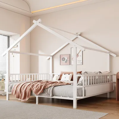 Zdjęcie produktu dla Łóżko metalowe 140 x 200 cm w kształcie domku dla dzieci, białe – solidna metalowa rama z barierką zabezpieczającą i stelażem, łóżko w kształcie domku dla chłopców i dziewczynek, bez materaca