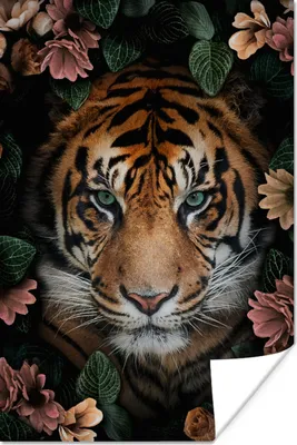 Produktbild von MuchoWow® Poster Tiger - Blumen - Blätter 120x180 cm - Kunstposter