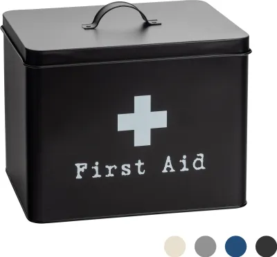 A black metal first aid box with a white cross and text.