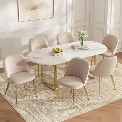 Produktbild von 6 Esszimmerstühle aus Samtstoff, beige mit Gold, bequem & atmungsaktiv, moderner Stil für Esszimmer, Wohnzimmer & Cafés