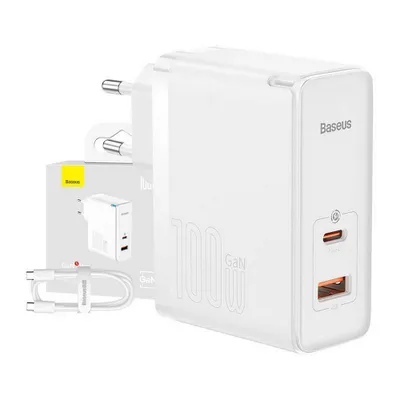 Image de Baseus Gan5 Pro chargeur secteur, Usb-C + Usb, 100W + Câble (Blanc)