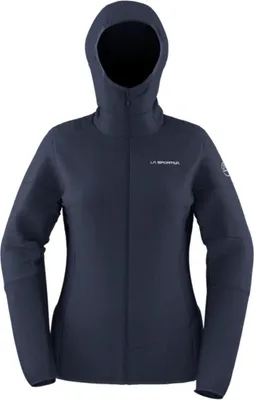 Dunkelblaue Insulationsjacke "Aequilibrium Lite" von La Sportiva für Damen; mit Kapuze und enganliegendem Schnitt.