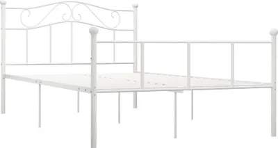 A white metal bed frame is shown against a white background.
