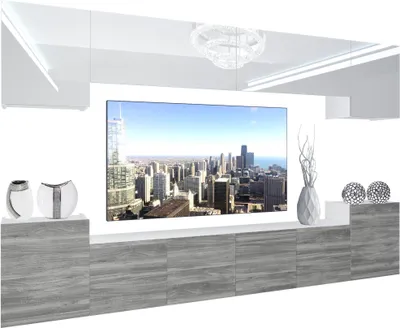Produktbild von BELINI Wohnwand Vollausstattung Wohnzimmer-Set Moderne Schrankwand mit LED-Beleuchtung Weiß Glänzend Anbauwand TV-Schrank Weiß / Glamourholz Glänzend/Matt