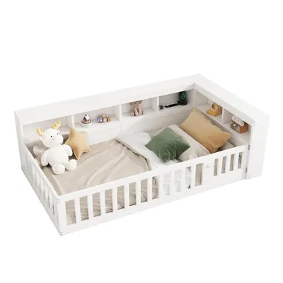 Produktbild von Kinderbett mit Lattenrost und Zaun, 90x200 cm, Rausfallschutz, Stauraum, Mehrfachsteckdose, Einzelbett, Kiefer