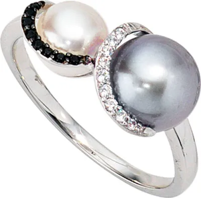 Produktbild von JOBO Damen Ring 585 Gold Weißgold 2 Süßwasser Perlen 17 Diamanten Brillanten Goldring Größe 52